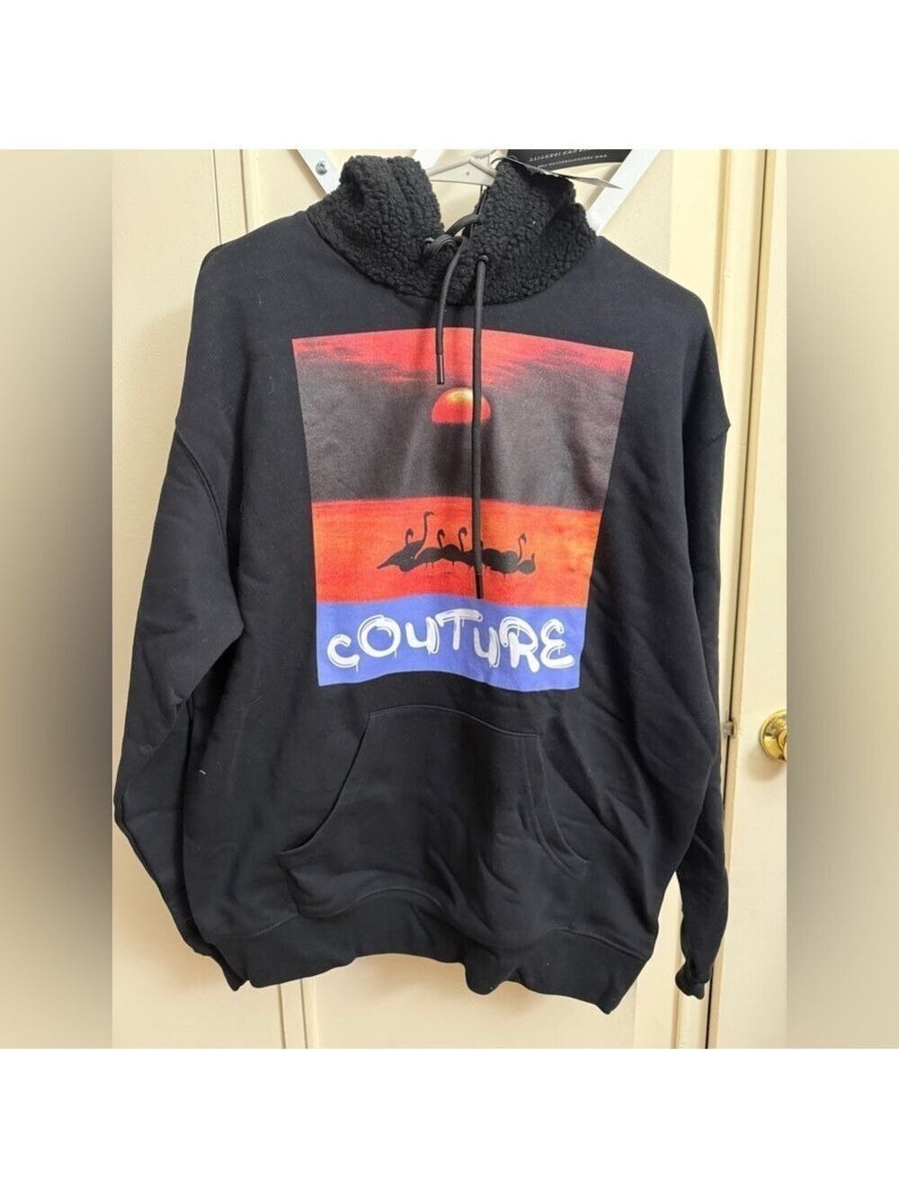 The Couture Club Sunset Flamingo Graphic Hoodie Borg Sherpa Hood Size S NWT